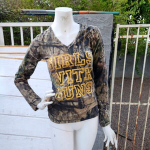 GIRLS WITH GUNS GWG‎ Camo Print Long Sleeve V Neck Shirt
